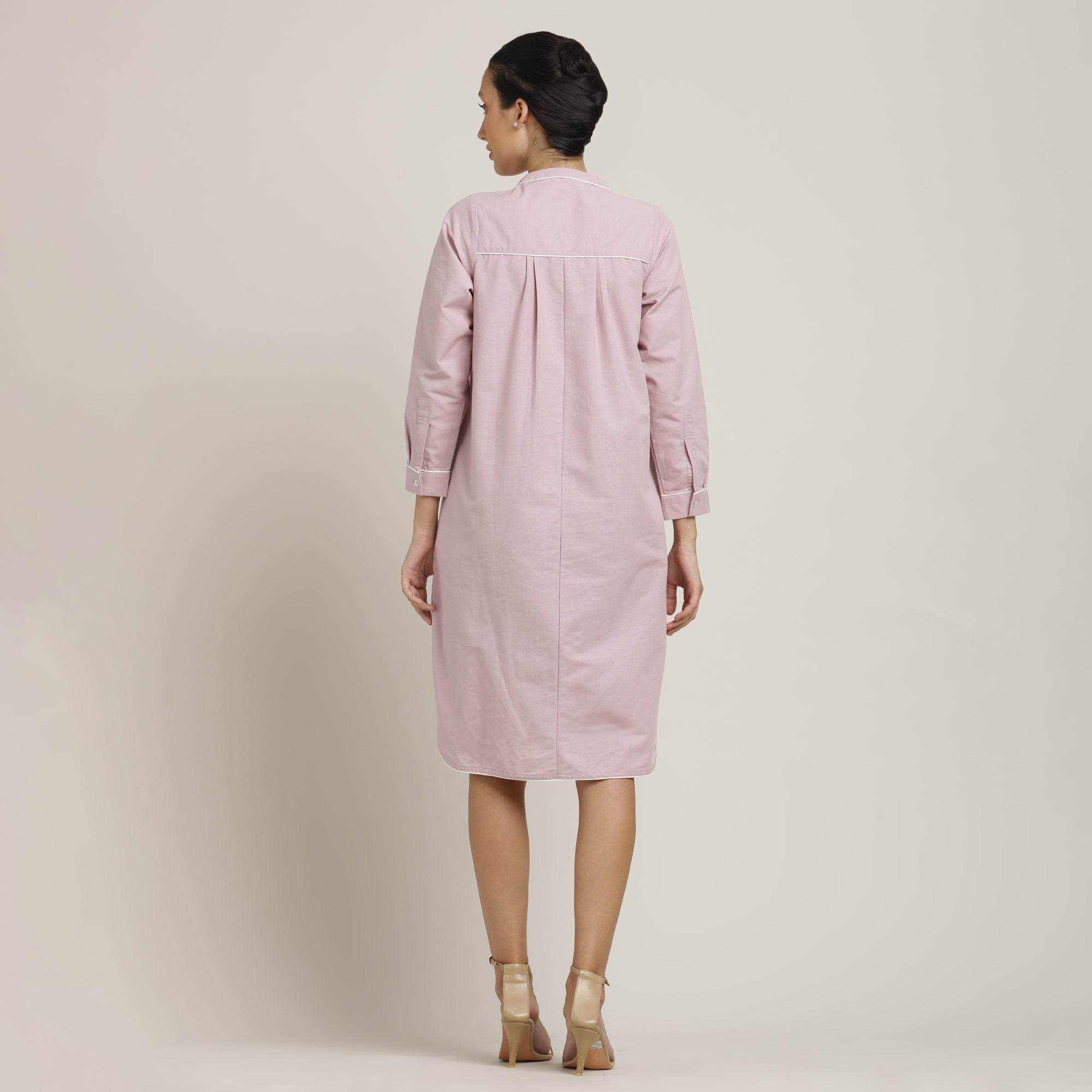 Florence Mandarin Collar Long Shirt - Pastel Pink With Ecru Edging