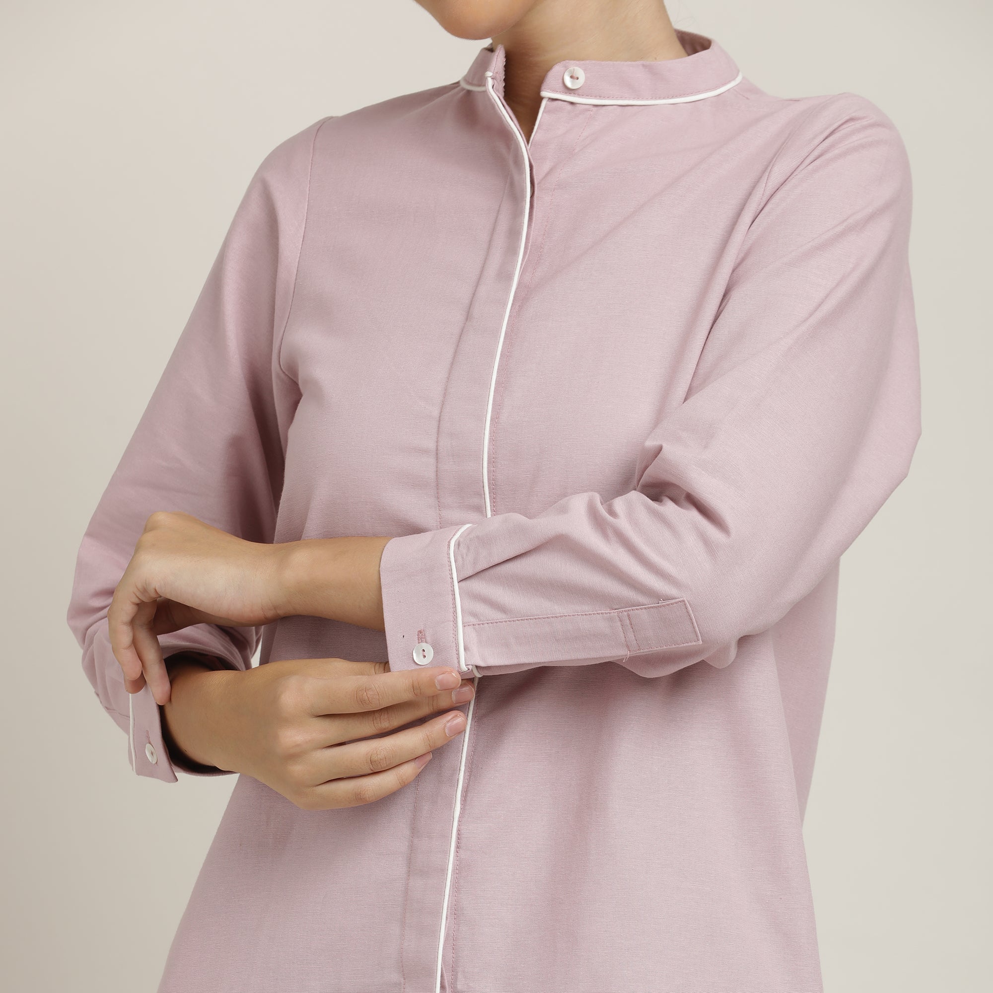 Florence Mandarin Collar Long Shirt - Pastel Pink With Ecru Edging