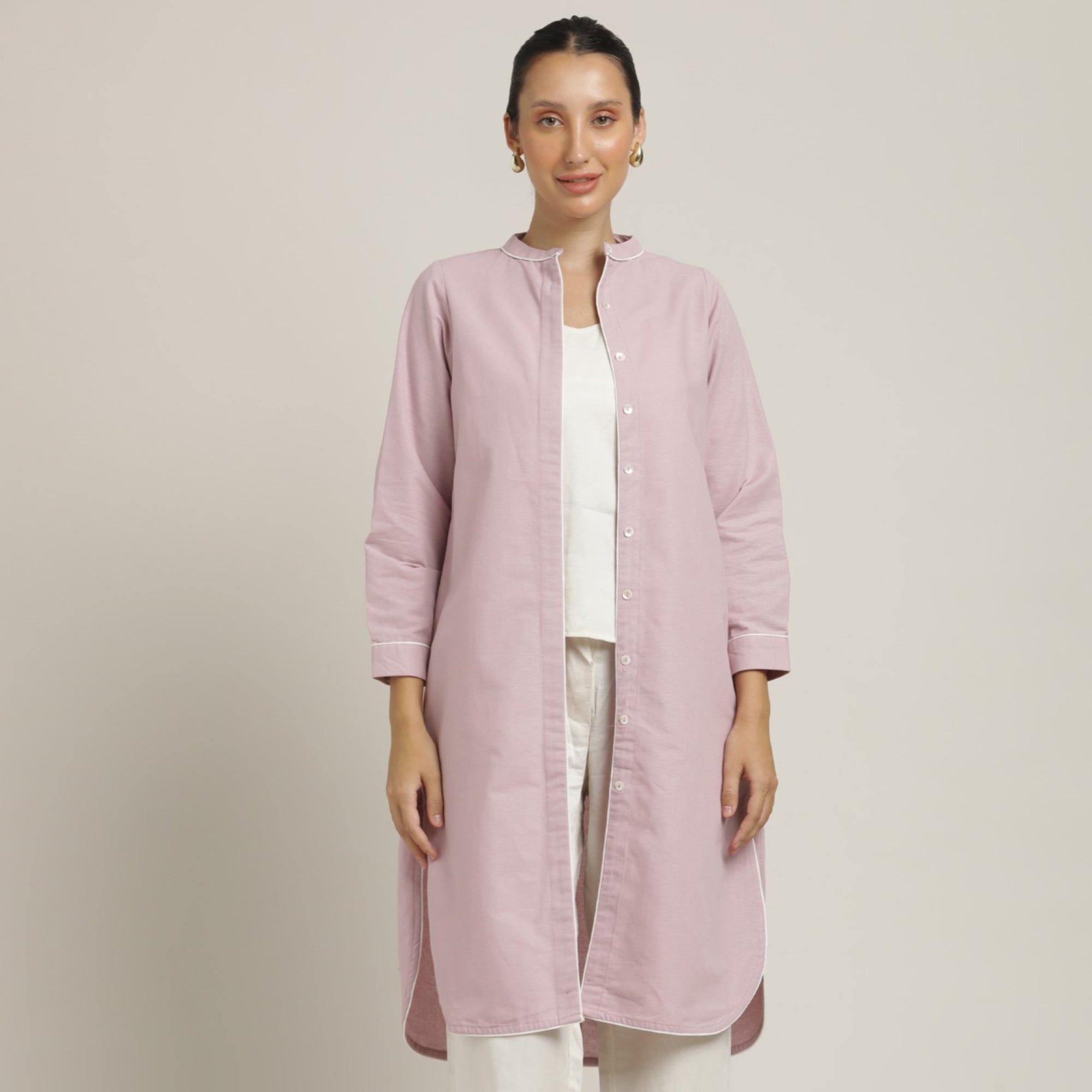 Florence Set Of 3 - Overlay, Slip Top & Barrel Leg Pants - Pastel Pink With Ecru Edging