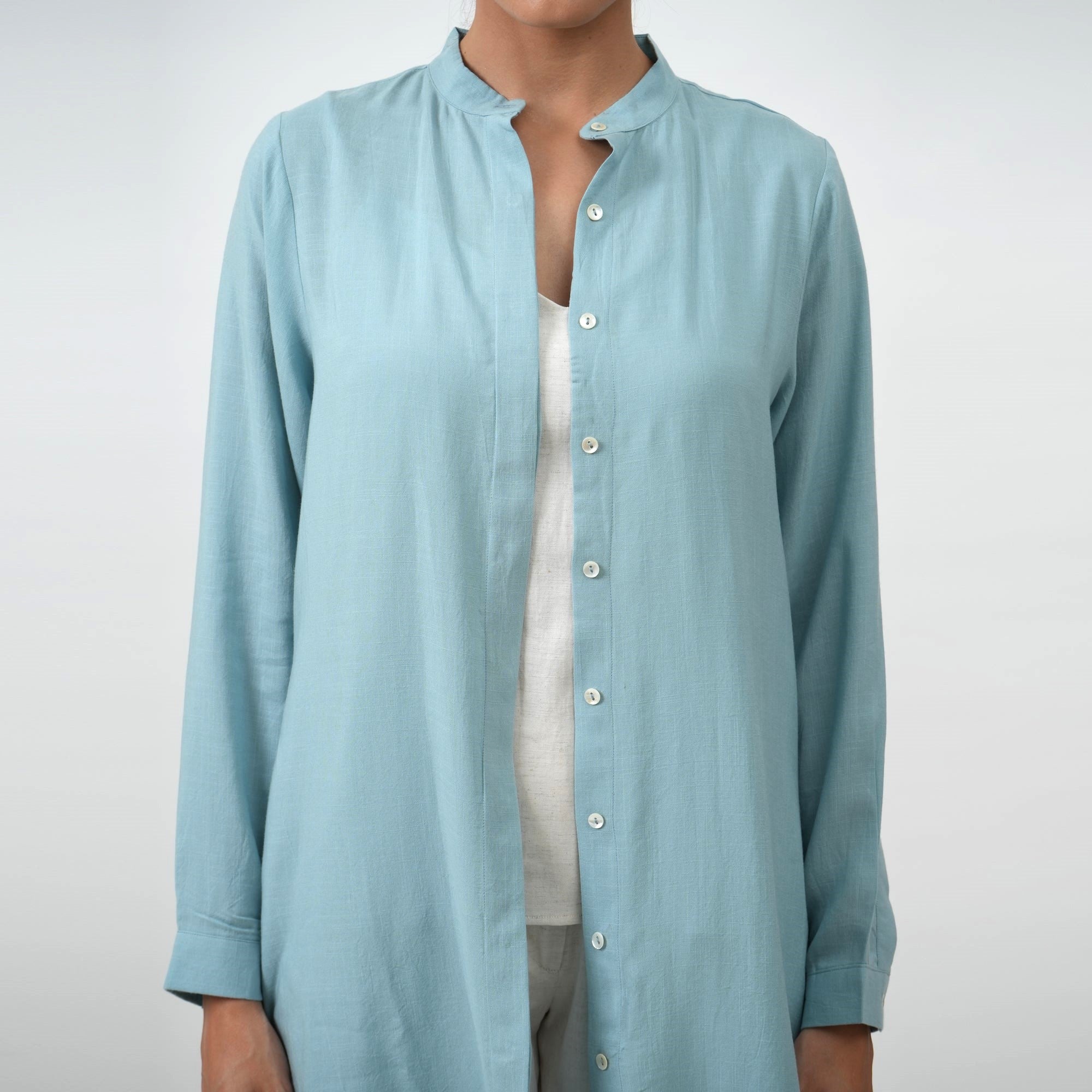 Florence Mandarin Collar Long Shirt - Powder Blue