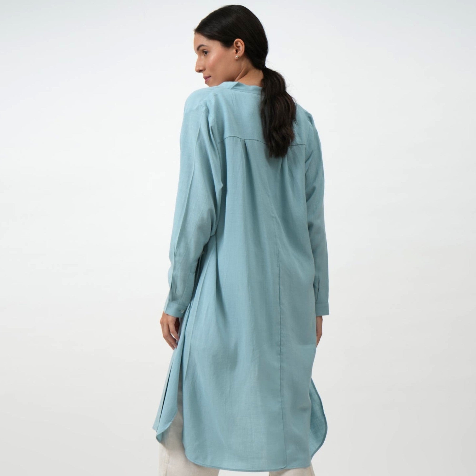 Florence Mandarin Collar Long Shirt - Powder Blue