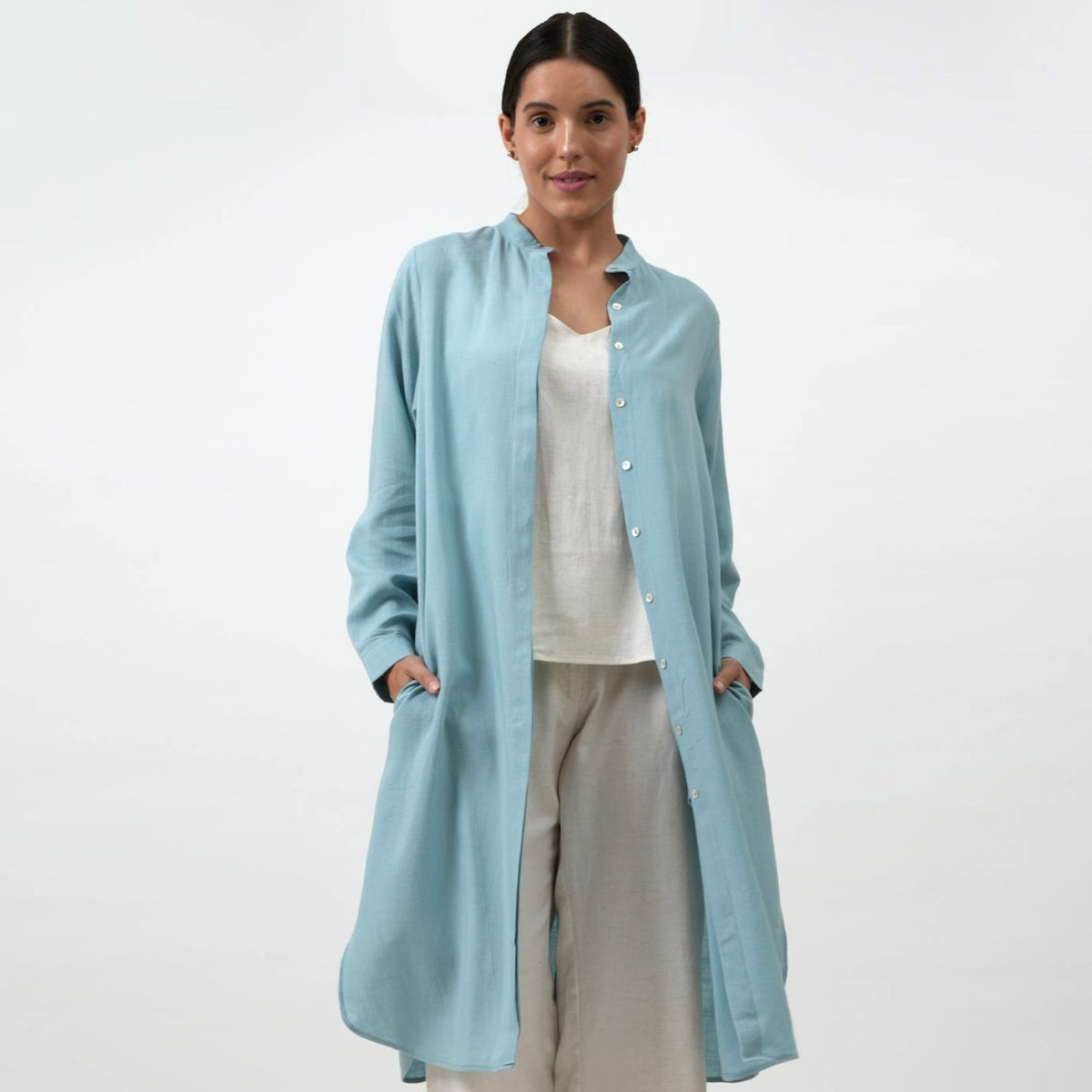 Florence Mandarin Collar Long Shirt - Powder Blue