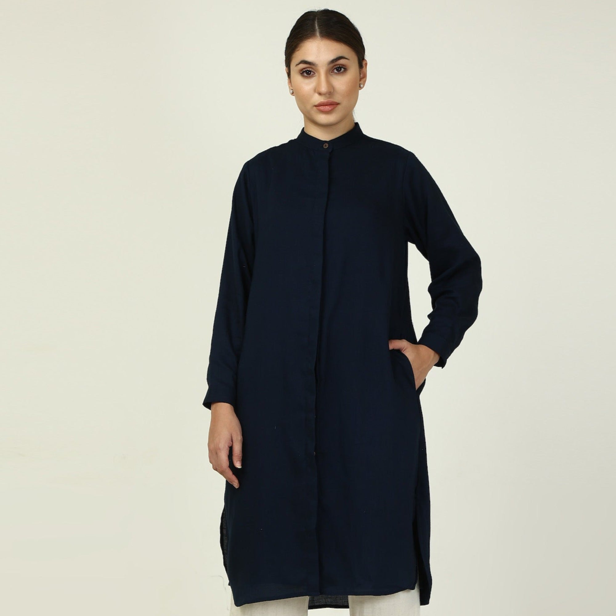 Florence Mandarin Collar Long Shirt -  Navy Blue