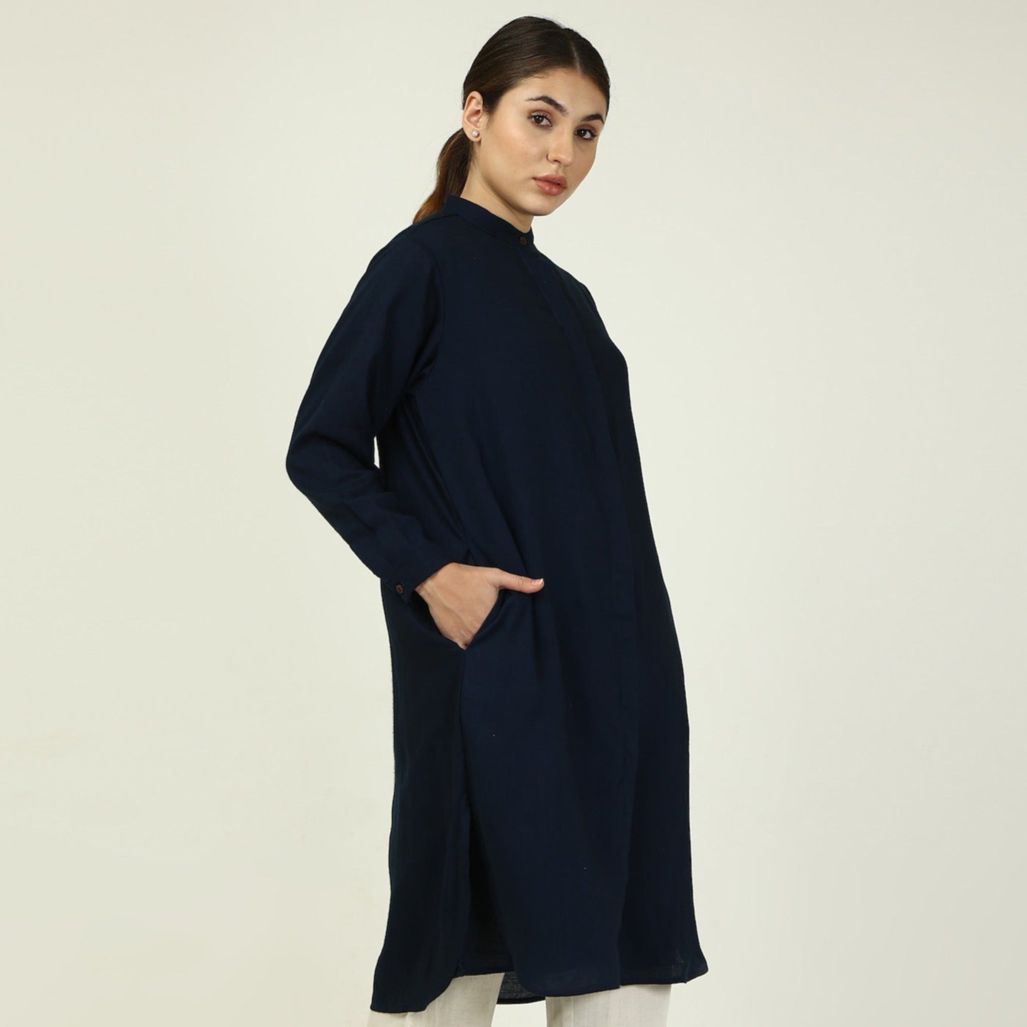 Florence Mandarin Collar Long Shirt -  Navy Blue