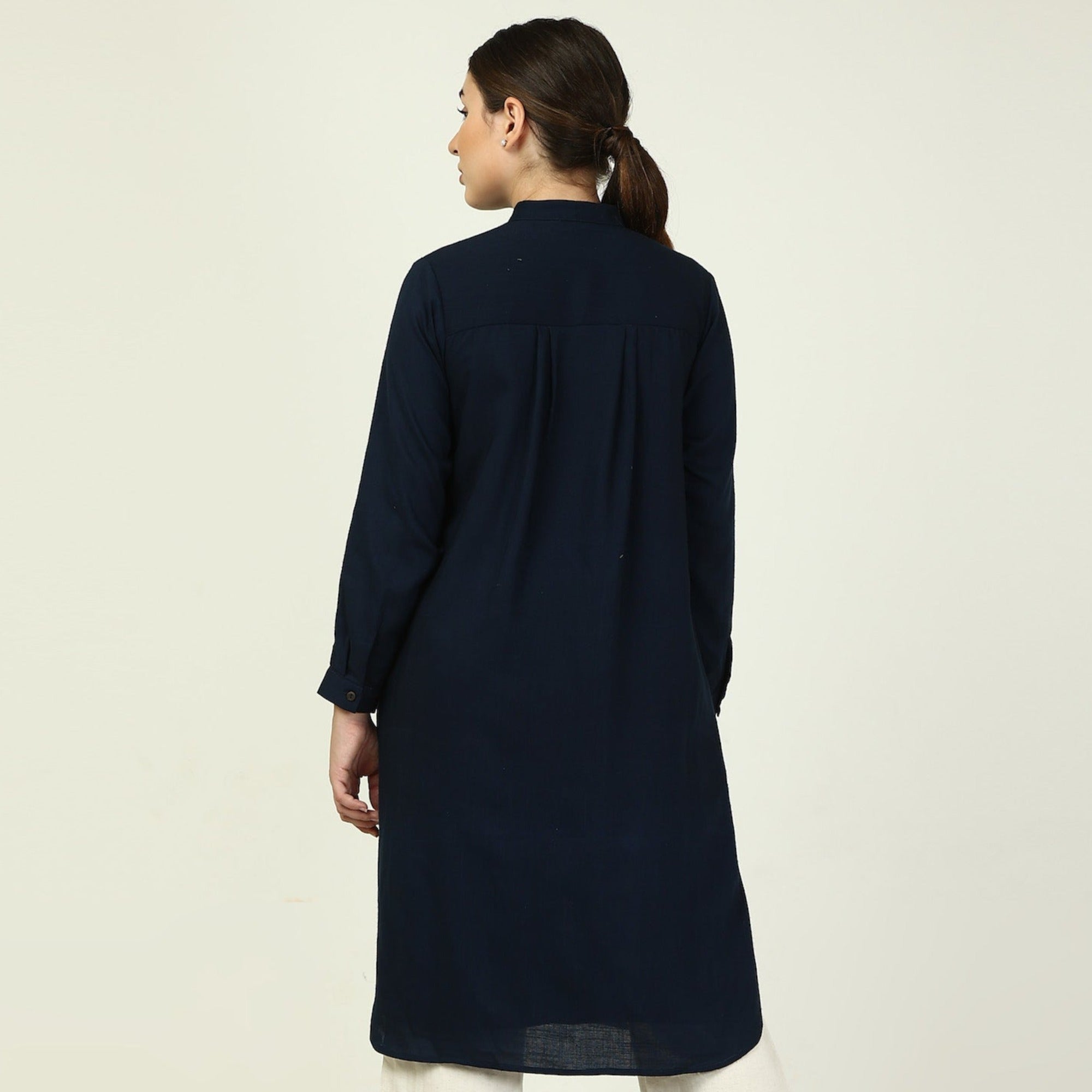 Florence Mandarin Collar Long Shirt -  Navy Blue