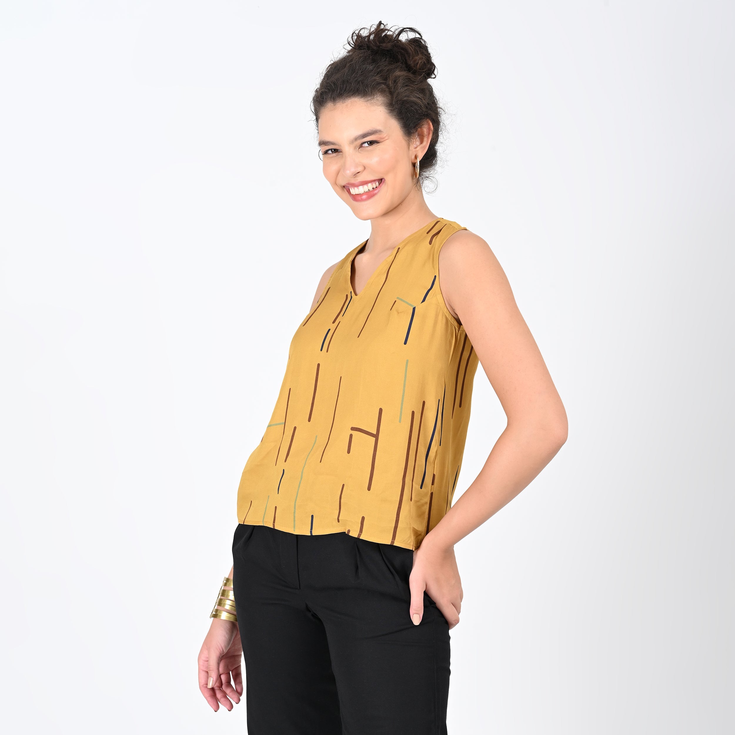 Shell V-Neck Top - Mustard Cedar Print - Limited Edition