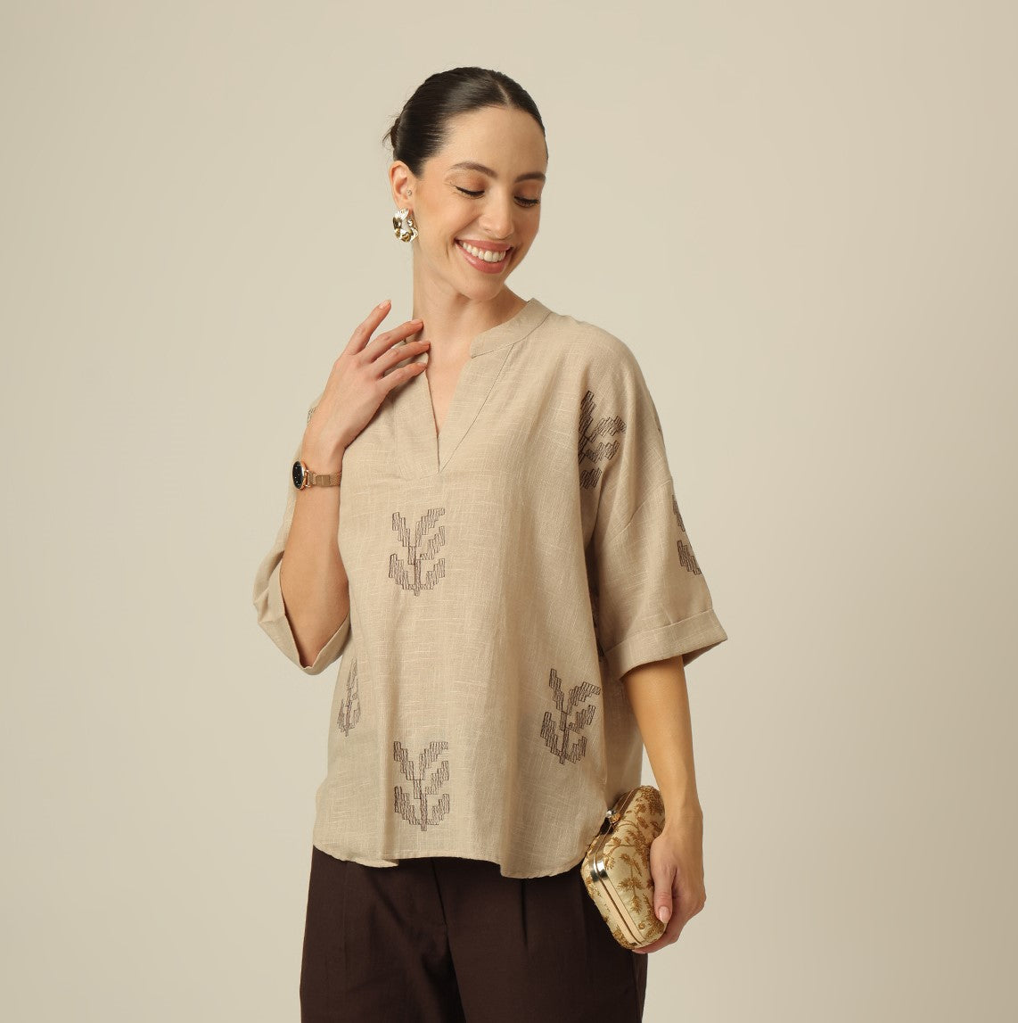 Kimono Top - Greige With Embroidery