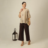 Cliff & Coast Set Of 2 - Kimono Sleeves Top & Pants - Greige & Coffee With Embroidery