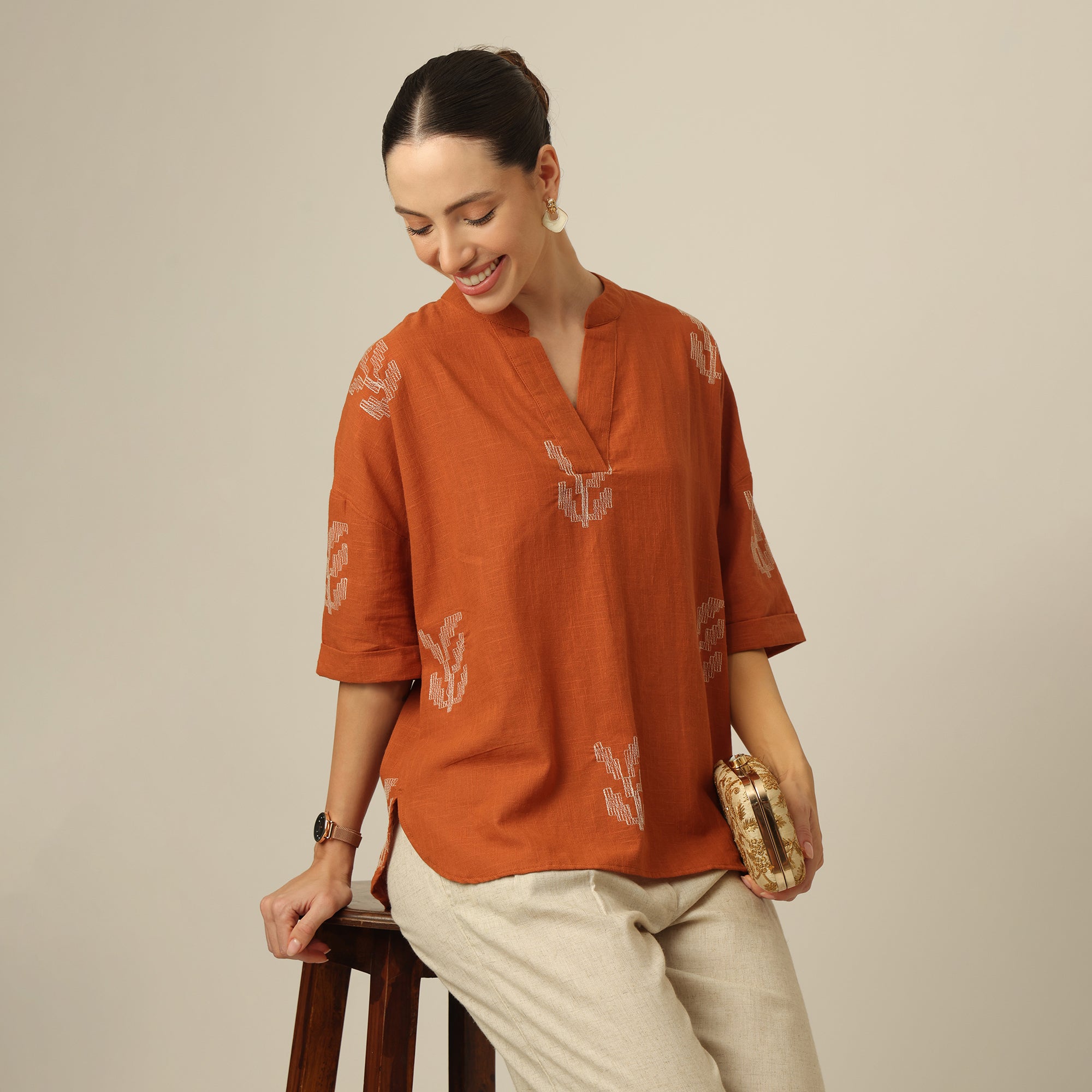 Kimono Top - Autumn Rust With Embroidery