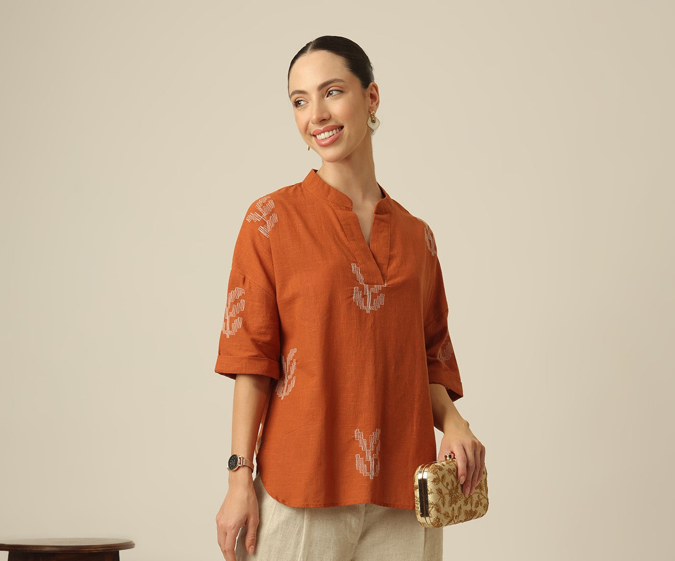Kimono Top - Autumn Rust With Embroidery