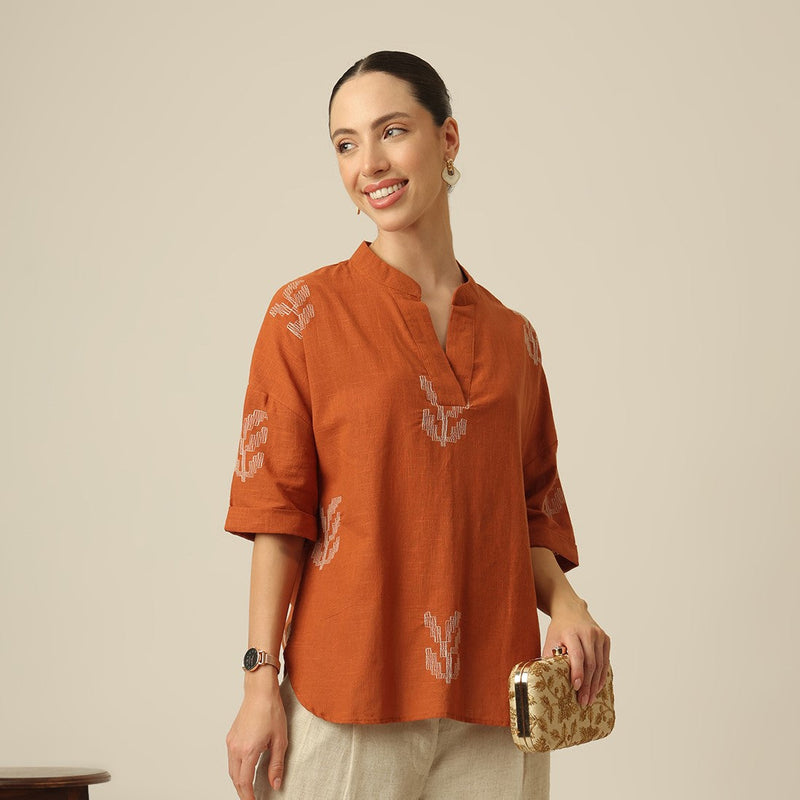 Kimono Top - Autumn Rust With Embroidery