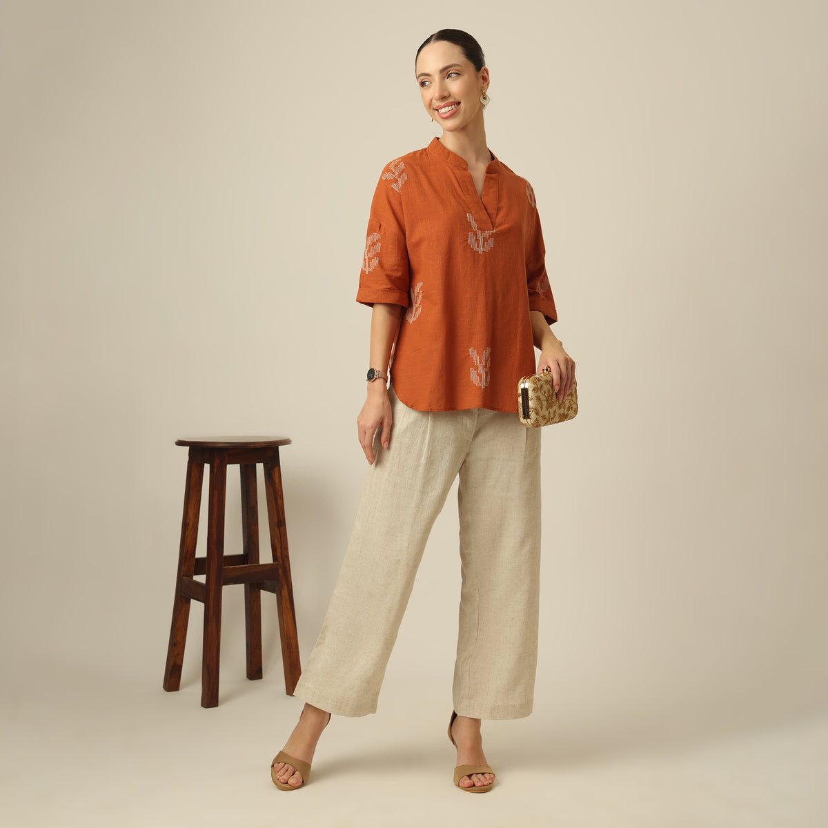 Cliff & Coast Set Of 2 - Kimono Sleeves Top & Pants - Orange & Beige With Embroidery