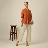 Cliff & Coast Set Of 2 - Kimono Sleeves Top & Pants - Orange & Beige With Embroidery