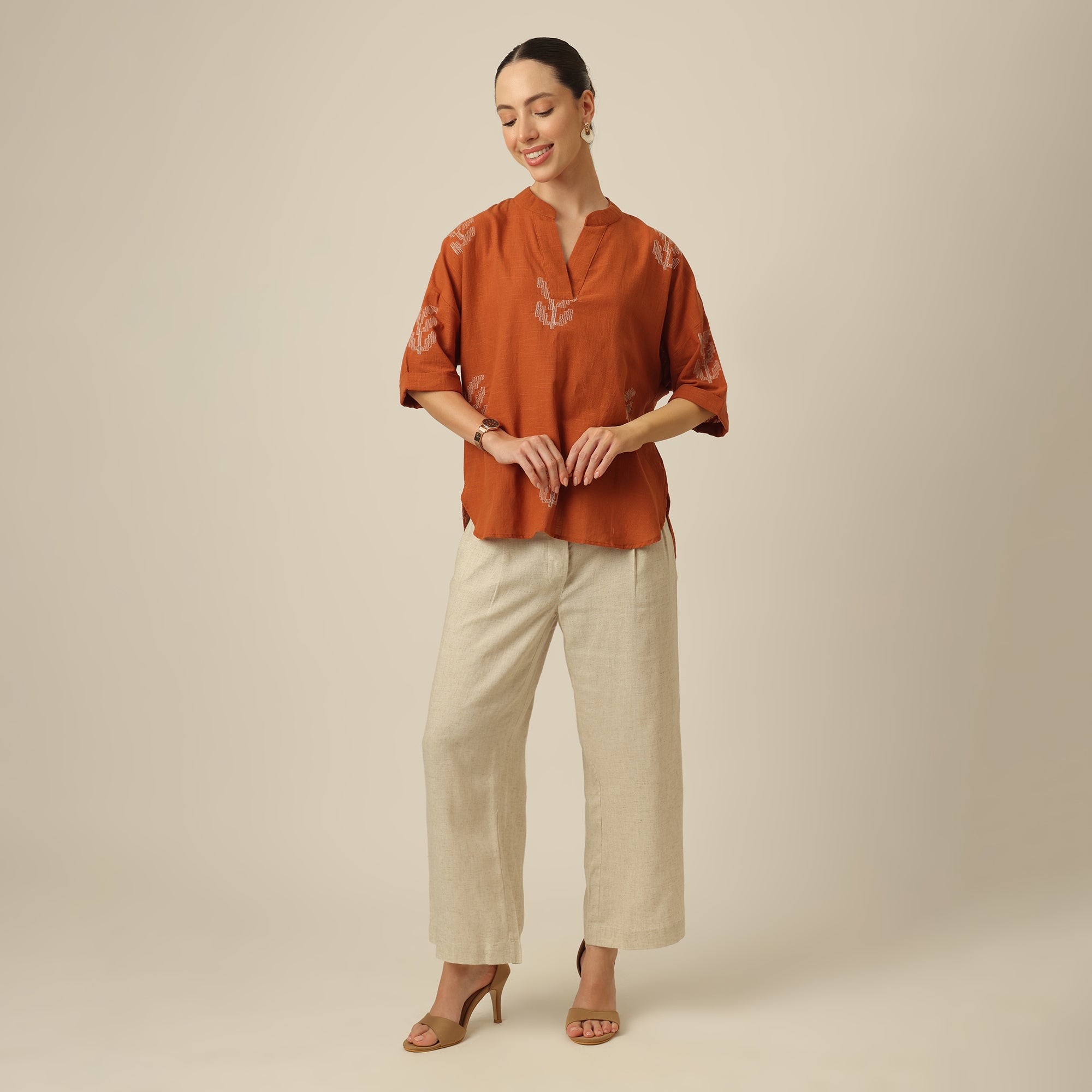 Cliff & Coast Set Of 2 - Kimono Sleeves Top & Pants - Orange & Beige With Embroidery