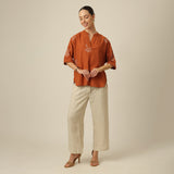 Cliff & Coast Set Of 2 - Kimono Sleeves Top & Pants - Orange & Beige With Embroidery