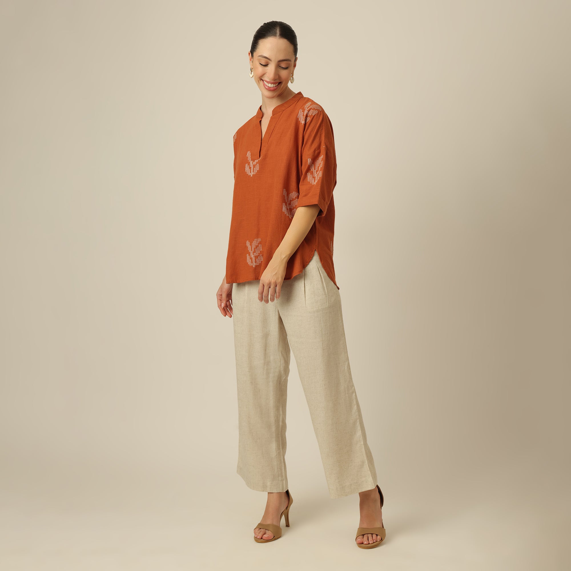 Cliff & Coast Set Of 2 - Kimono Sleeves Top & Pants - Orange & Beige With Embroidery
