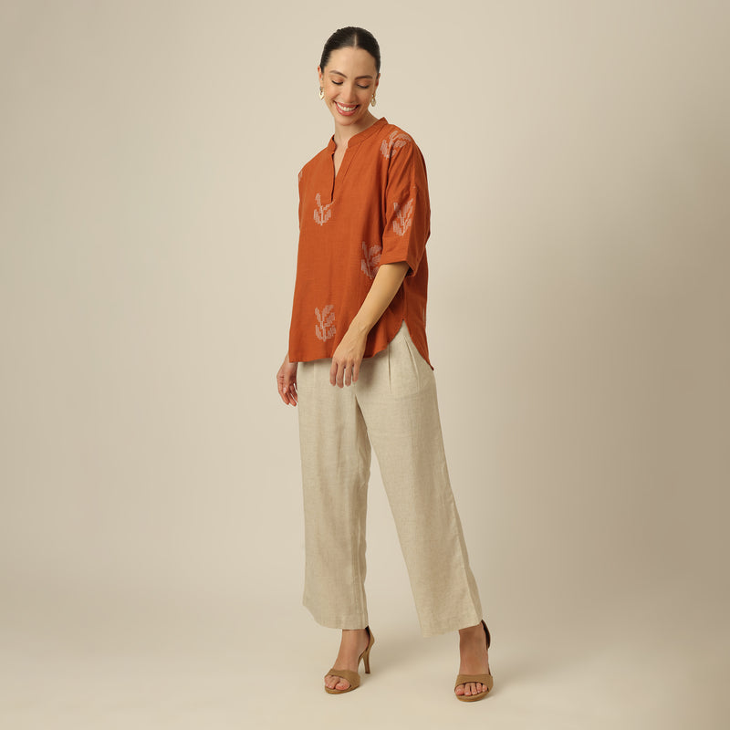 Cliff & Coast Set Of 2 - Kimono Sleeves Top & Pants - Orange & Beige With Embroidery