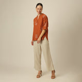 Cliff & Coast Set Of 2 - Kimono Sleeves Top & Pants - Orange & Beige With Embroidery