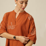 Cliff & Coast Set Of 2 - Kimono Sleeves Top & Pants - Orange & Beige With Embroidery