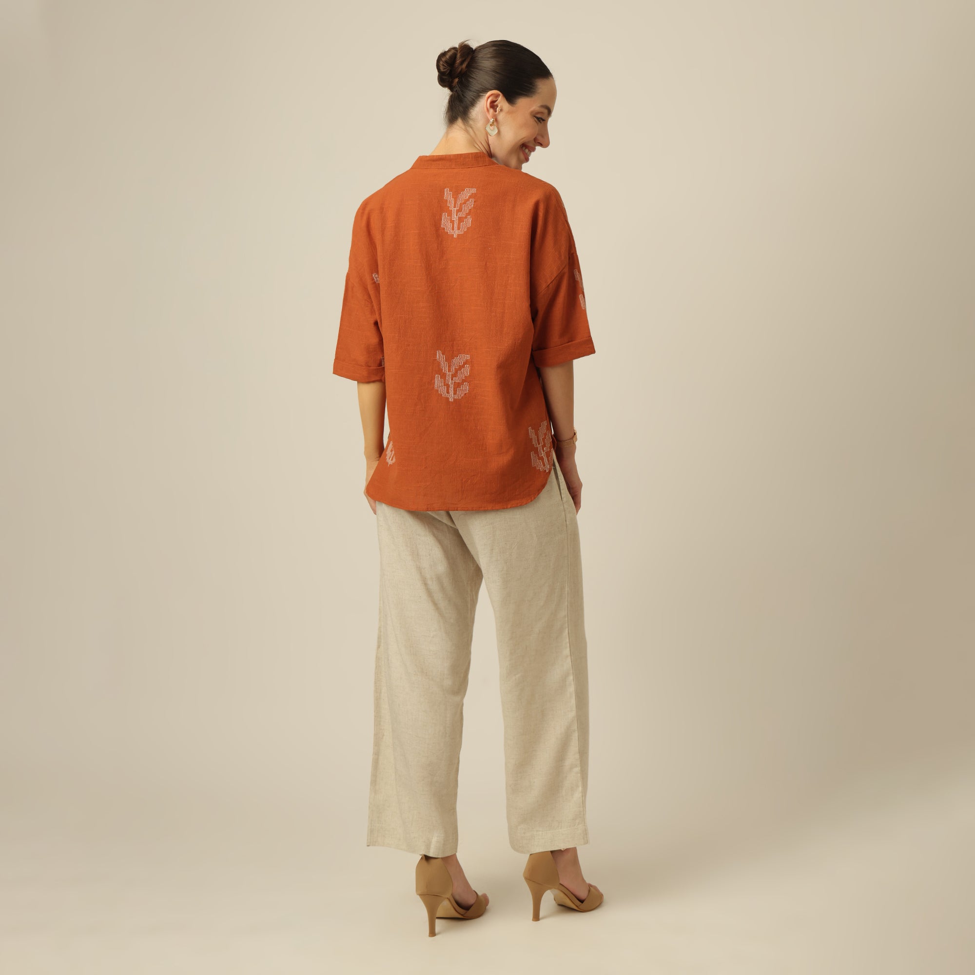 Cliff & Coast Set Of 2 - Kimono Sleeves Top & Pants - Orange & Beige With Embroidery