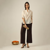Women Pearl White Chanderi Silk Hand Embroidered Lotus Motif Kimono Top & Pants Co-ord Set