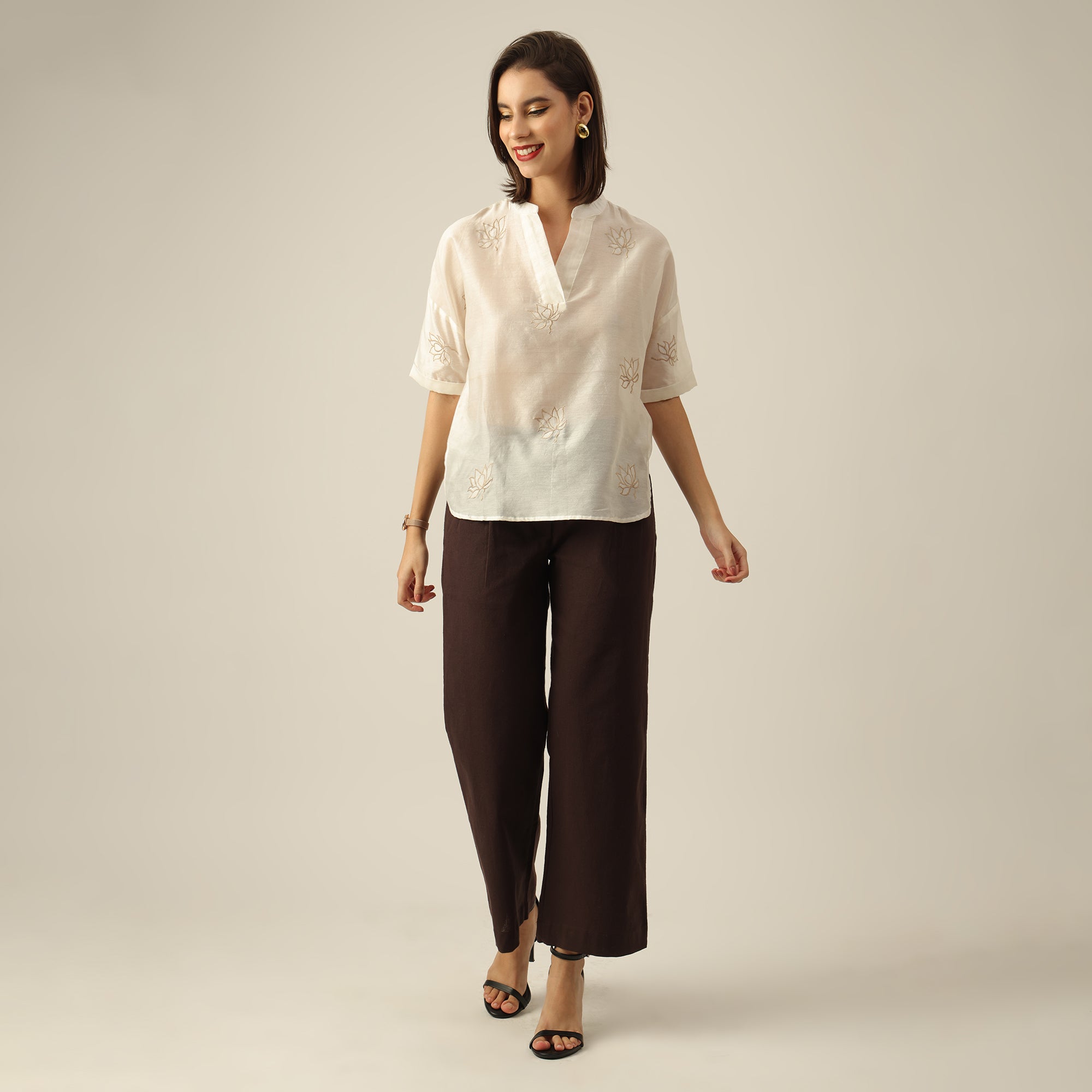 Women Pearl White Chanderi Silk Hand Embroidered Lotus Motif Kimono Top & Pants Co-ord Set