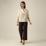 Women Pearl White Chanderi Silk Hand Embroidered Lotus Motif Kimono Top & Pants Co-ord Set