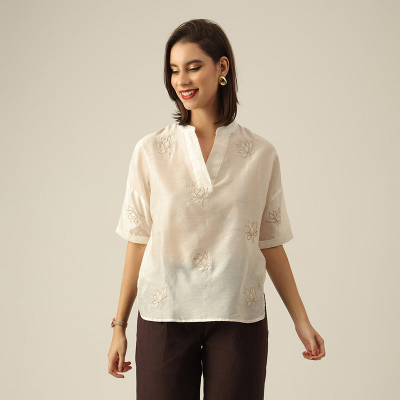 Women Pearl White Chanderi Silk Kimono Top with Hand-Embroidered Lotus Motif