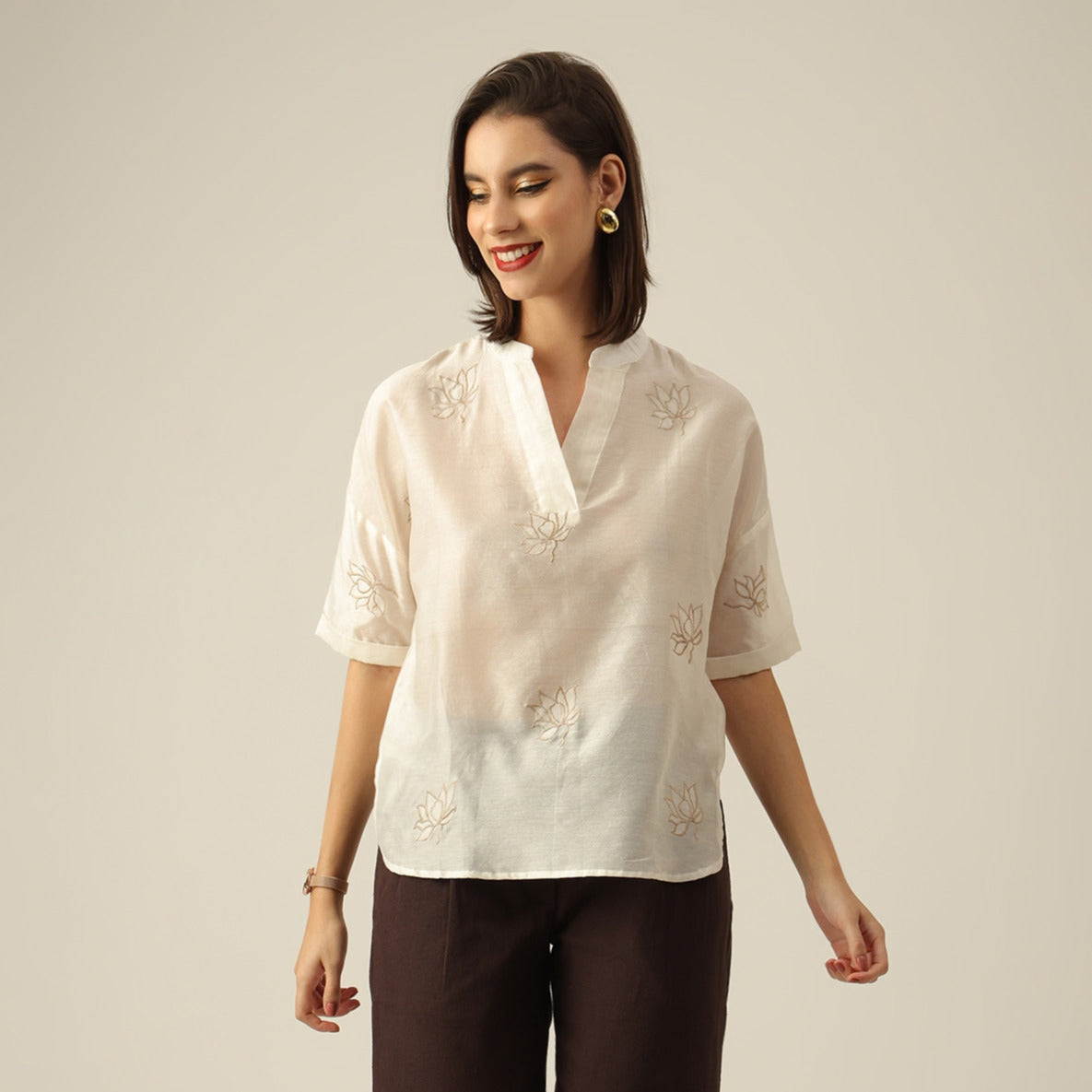 Women Pearl White Chanderi Silk Kimono Top with Hand-Embroidered Lotus Motif