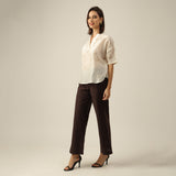Women Pearl White Chanderi Silk Kimono Top with Hand-Embroidered Lotus Motif