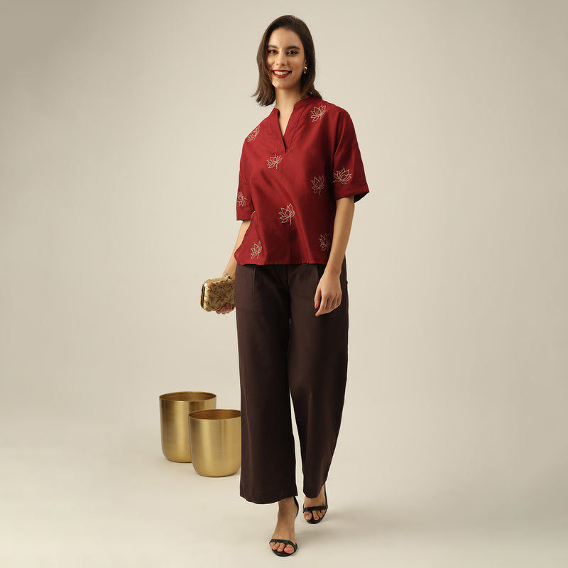 Women Maroon Chanderi Silk Hand Embroidered Lotus Motif Kimono Top & Pants Co-ord Set