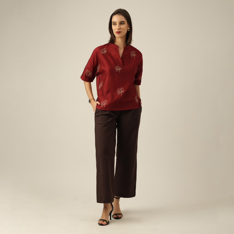 Women Maroon Chanderi Silk Hand Embroidered Lotus Motif Kimono Top & Pants Co-ord Set
