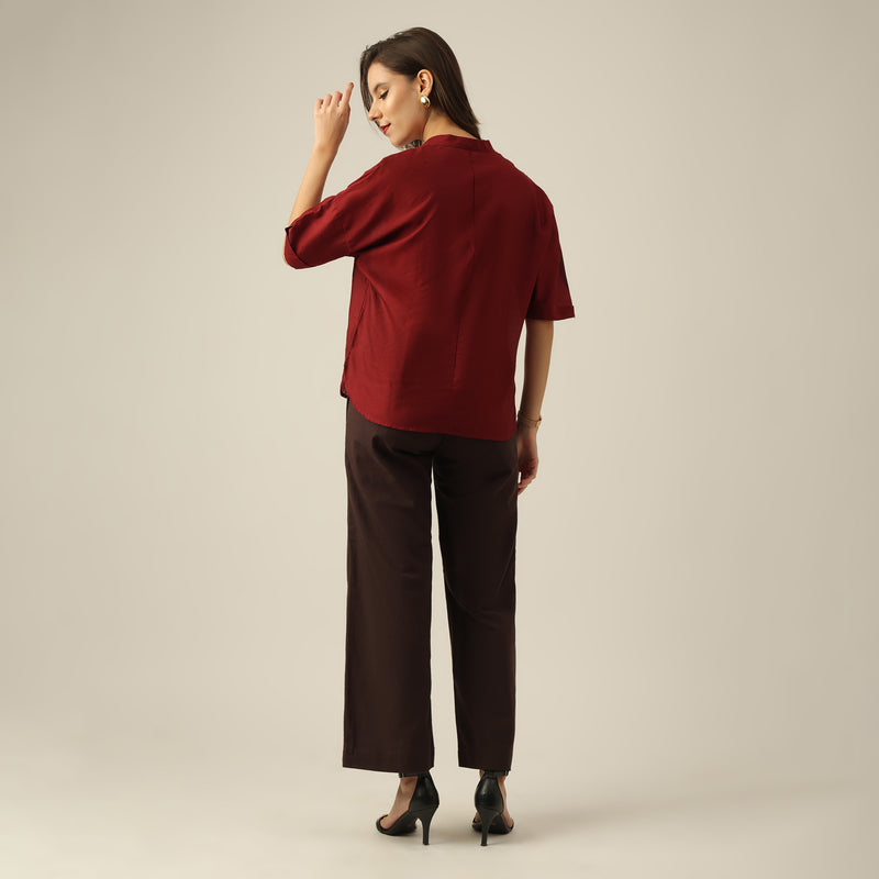 Women Maroon Chanderi Silk Hand Embroidered Lotus Motif Kimono Top & Pants Co-ord Set