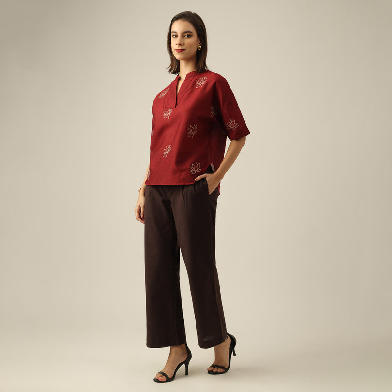 Women Maroon Chanderi Silk Kimono Top with Hand-Embroidered Lotus Motif