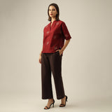 Women Maroon Chanderi Silk Kimono Top with Hand-Embroidered Lotus Motif