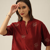 Women Maroon Chanderi Silk Kimono Top with Hand-Embroidered Lotus Motif