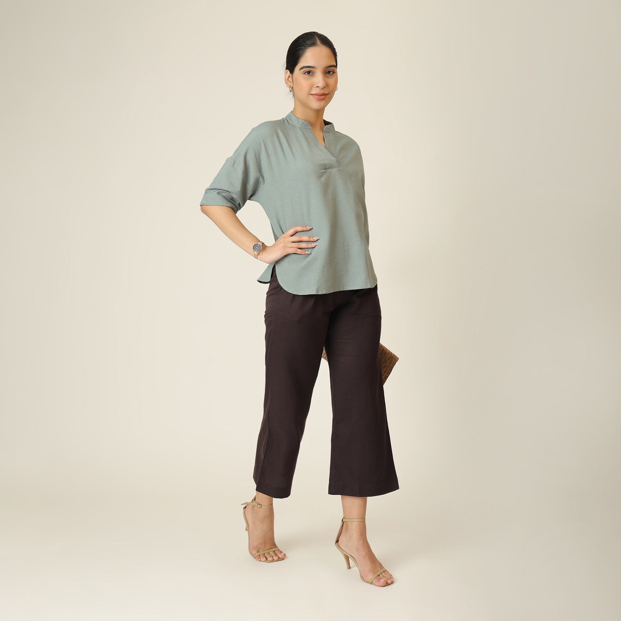 Cliff & Coast Set Of 2 - Kimono Sleeves Top & Pants - Agave Green & Coffee Brown