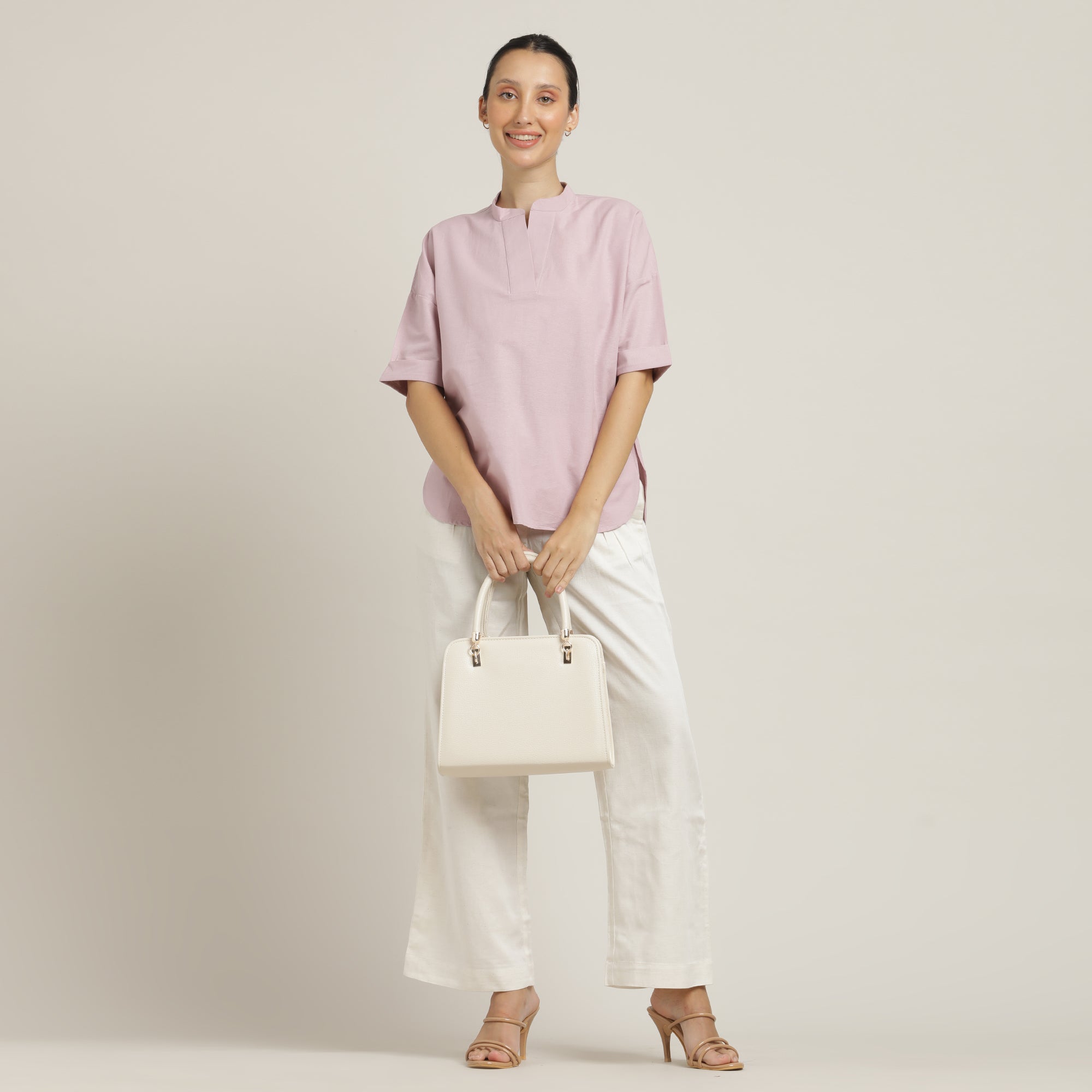 Cliff & Coast Set Of 2 - Kimono Sleeves Top & Pants - Pastel Pink & Ecru