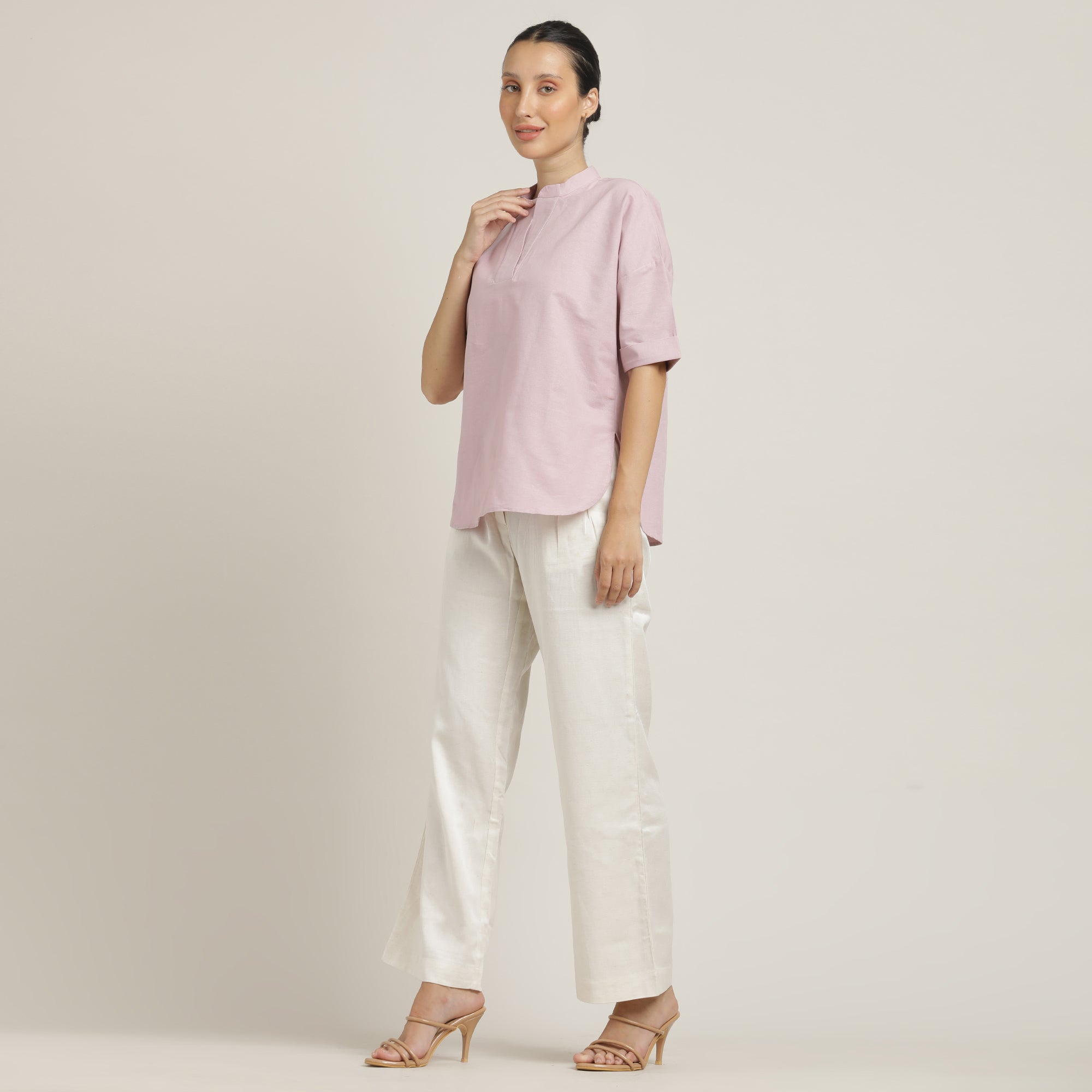 Cliff & Coast Set Of 2 - Kimono Sleeves Top & Pants - Pastel Pink & Ecru