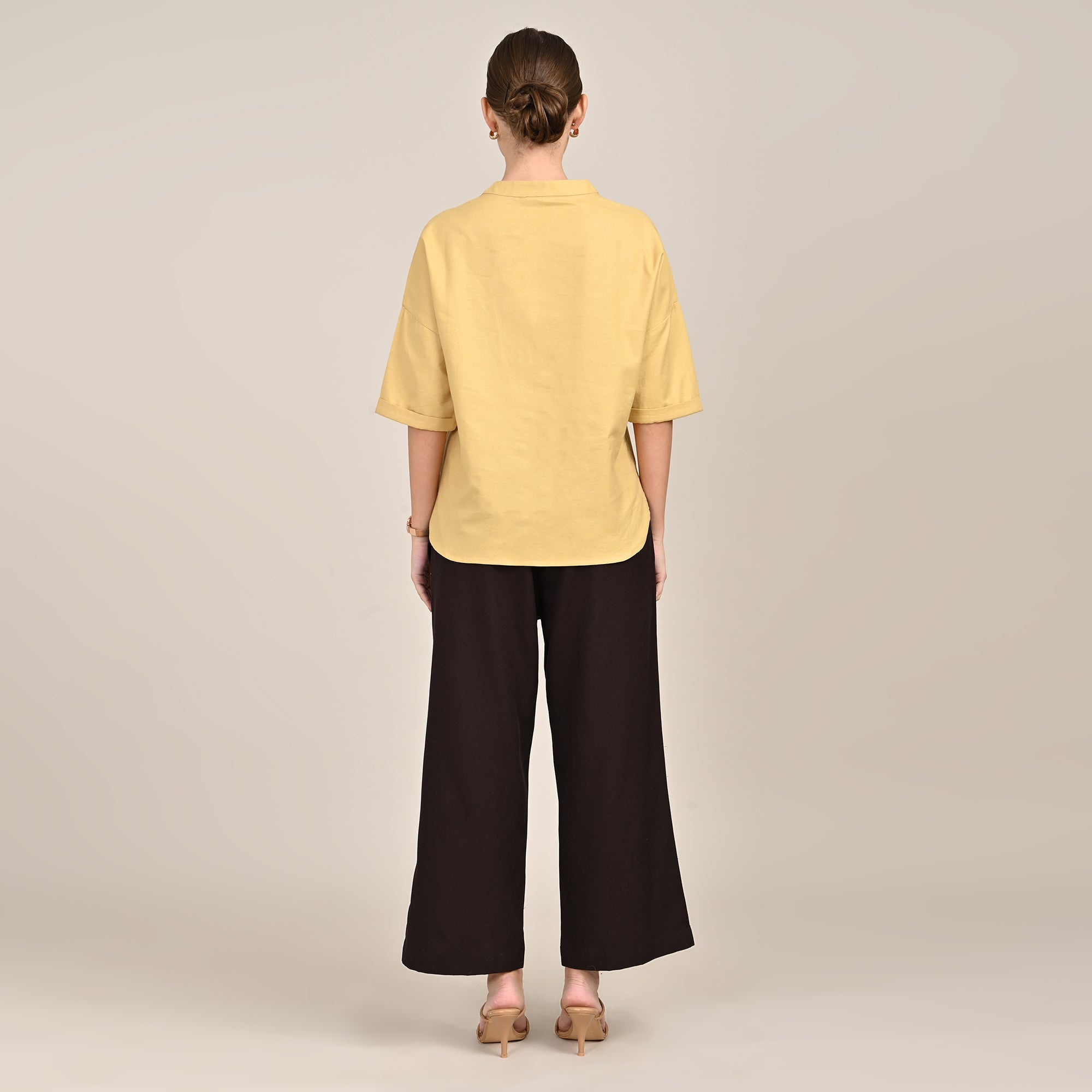Cliff & Coast Set Of 2 - Kimono Sleeves Top & Pants - Butter Yellow & Coffee Brown