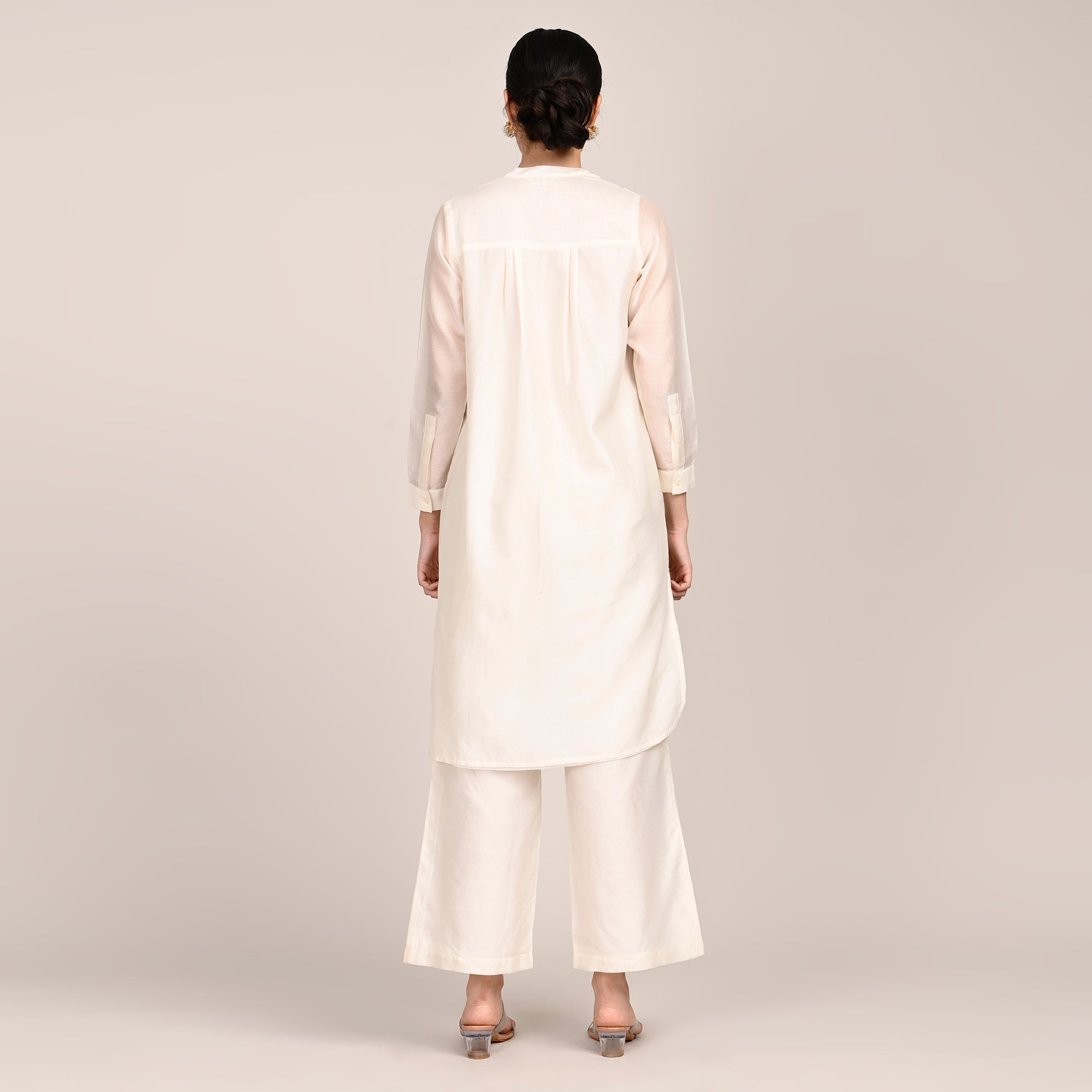 Pleated Tunic - With Hand Embroidered Motif - Limited Edition - Pearl White Chanderi Silk
