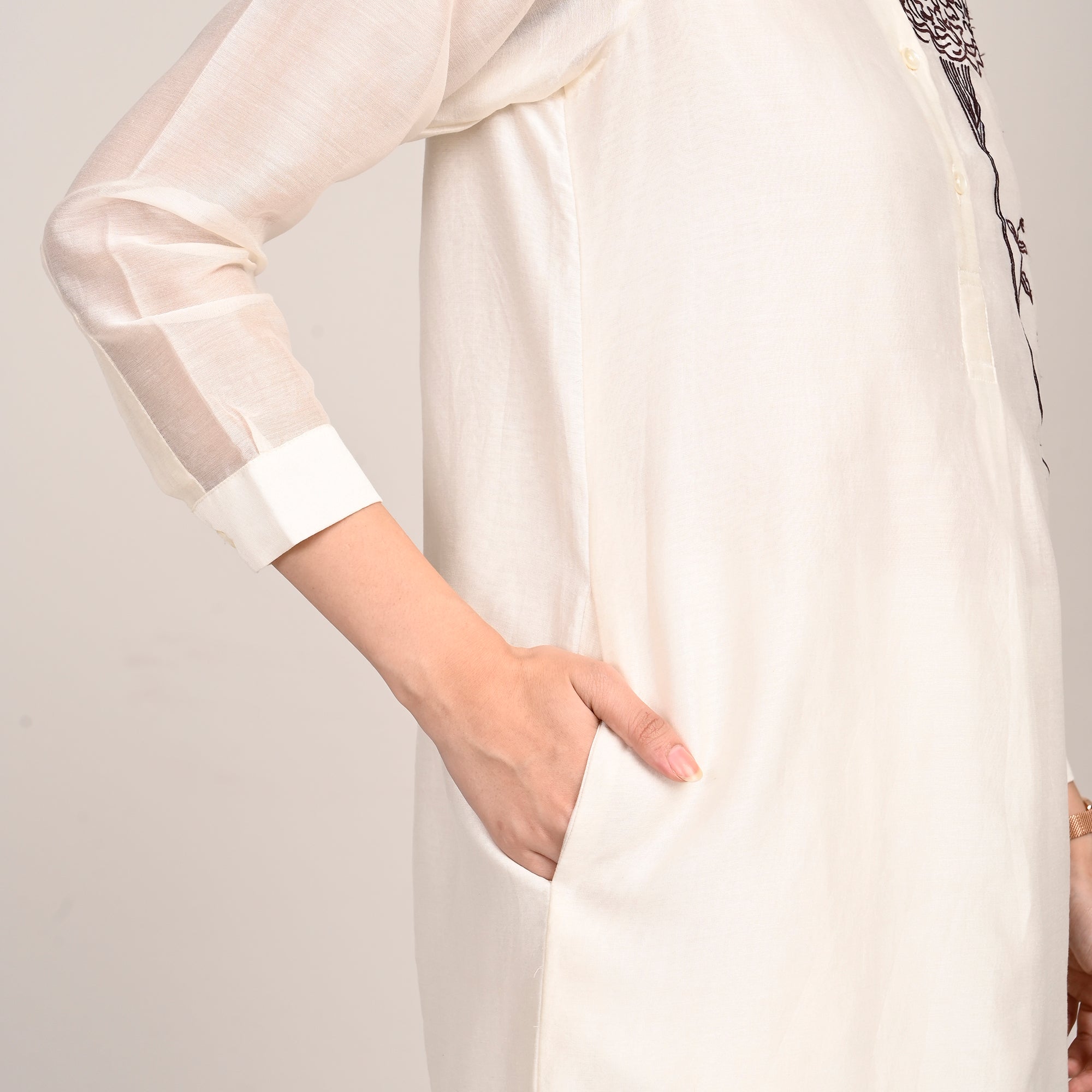 Pleated Tunic - With Hand Embroidered Motif - Limited Edition - Pearl White Chanderi Silk