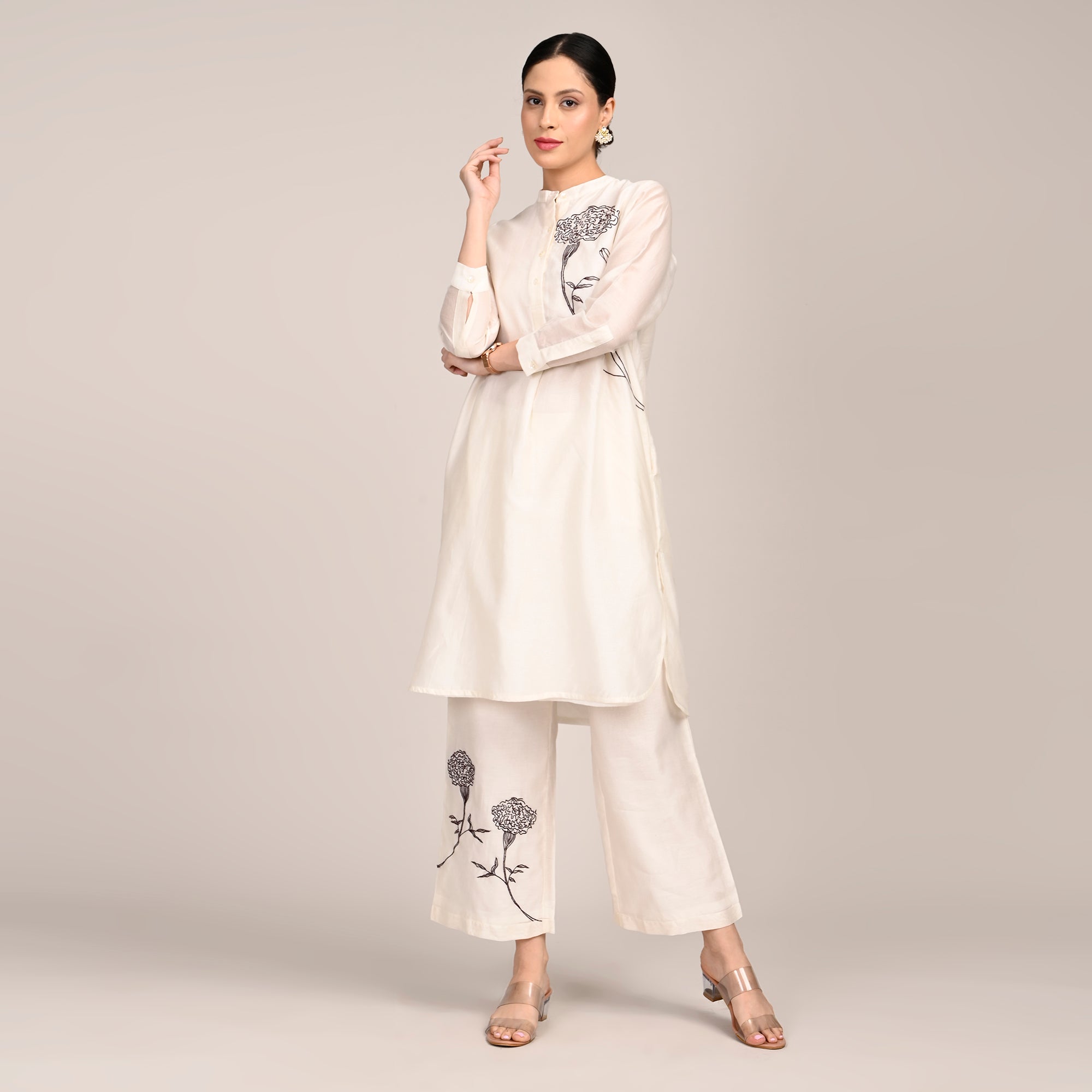 Pleated Tunic - With Hand Embroidered Motif - Limited Edition - Pearl White Chanderi Silk
