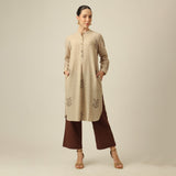 Pleated Tunic - Greige With Embroidery