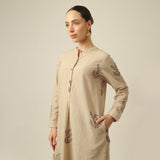 Pleated Tunic - Greige With Embroidery