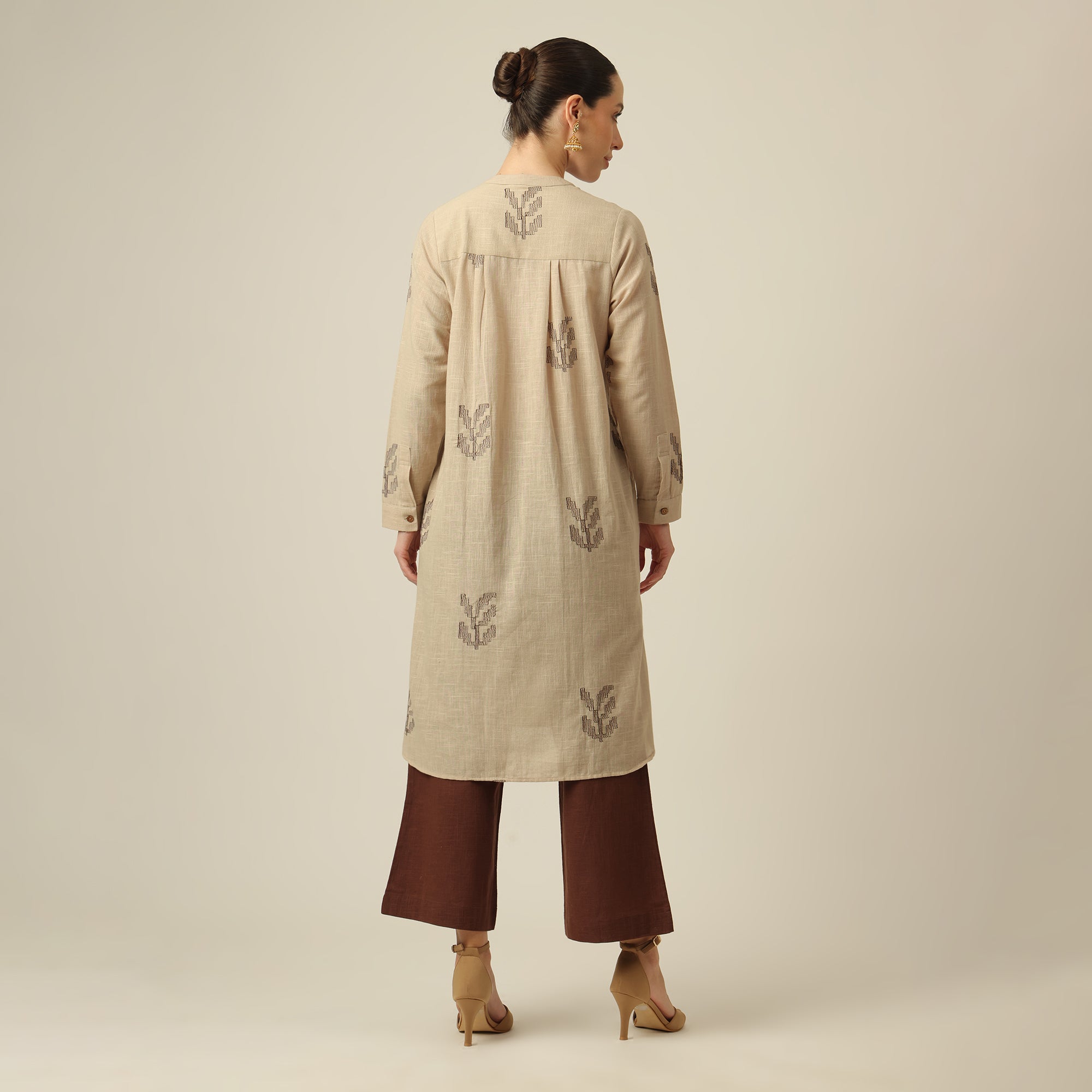 Pleated Tunic - Greige With Embroidery