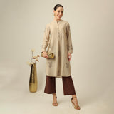 Sofia Set Of 2 - Pleated Tunic & Long-Leg Pants - Greige & Coffee With Embroidery