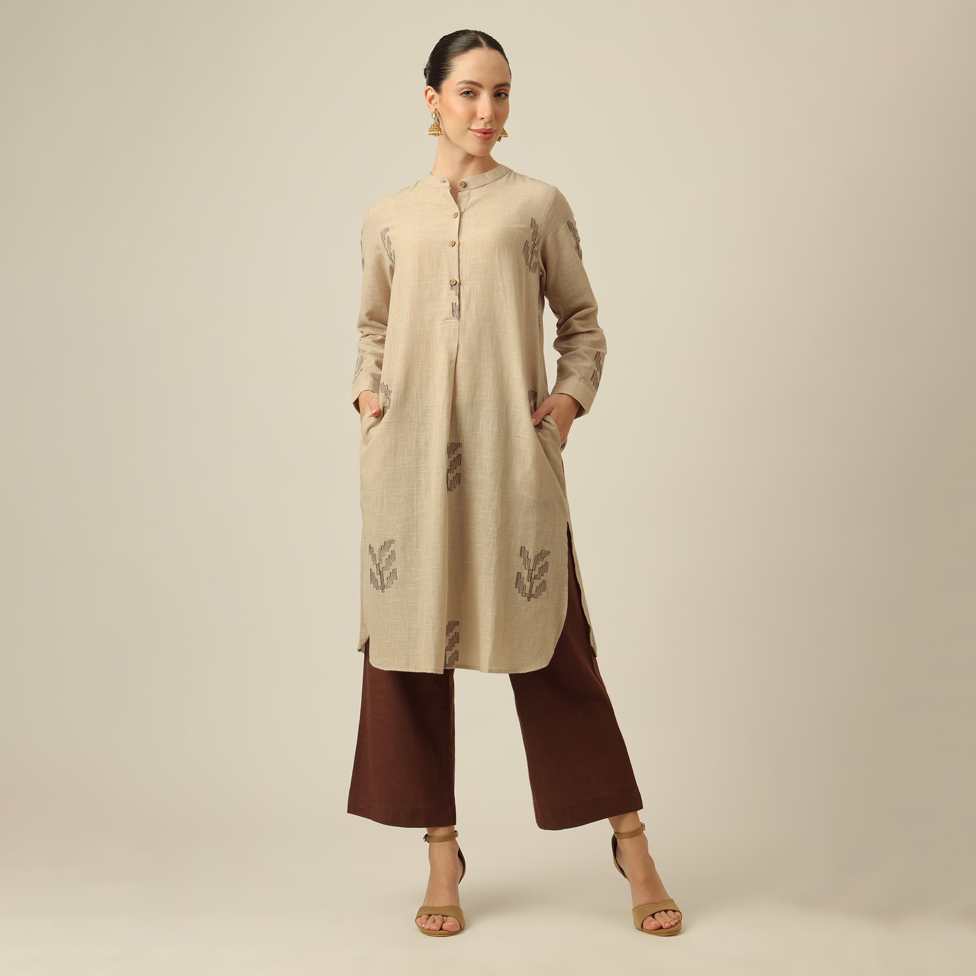 Sofia Set Of 2 - Pleated Tunic & Long-Leg Pants - Greige & Coffee With Embroidery