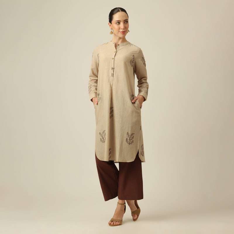 Sofia Set Of 2 - Pleated Tunic & Long-Leg Pants - Greige & Coffee With Embroidery