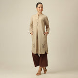 Sofia Set Of 2 - Pleated Tunic & Long-Leg Pants - Greige & Coffee With Embroidery